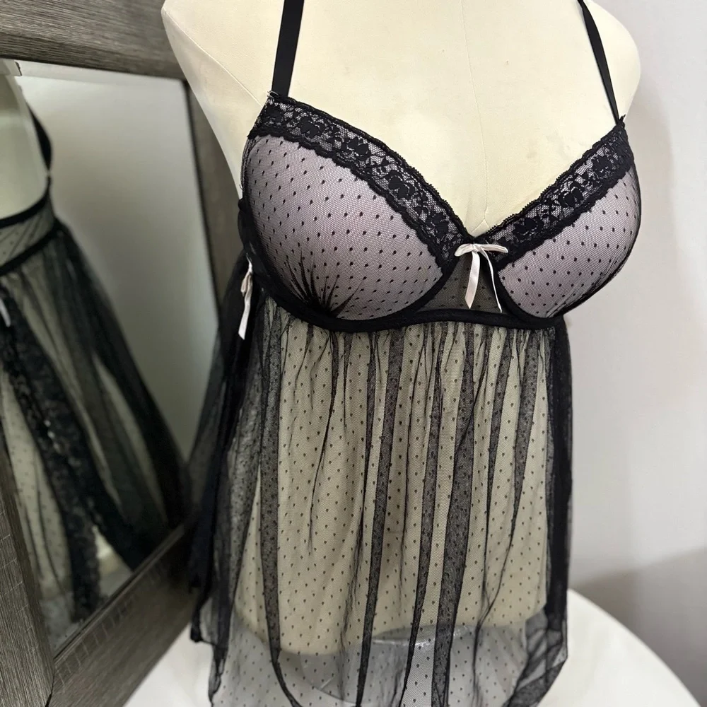 Dreamgirl Black Chemise with Lace Trim and Sheer Mesh